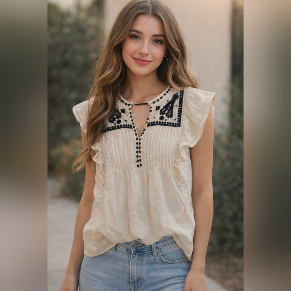 GAP Cream Blouse with Black Embroidery